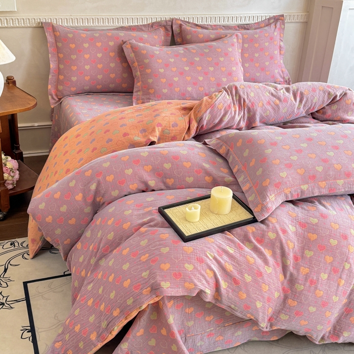 91家纺网 家纺一手货源 找家纺 江南春家纺【幻-暖纱】2025新款A类100%全棉色织提花双层纱四件套 【幻-暖纱】沁心-紫橙