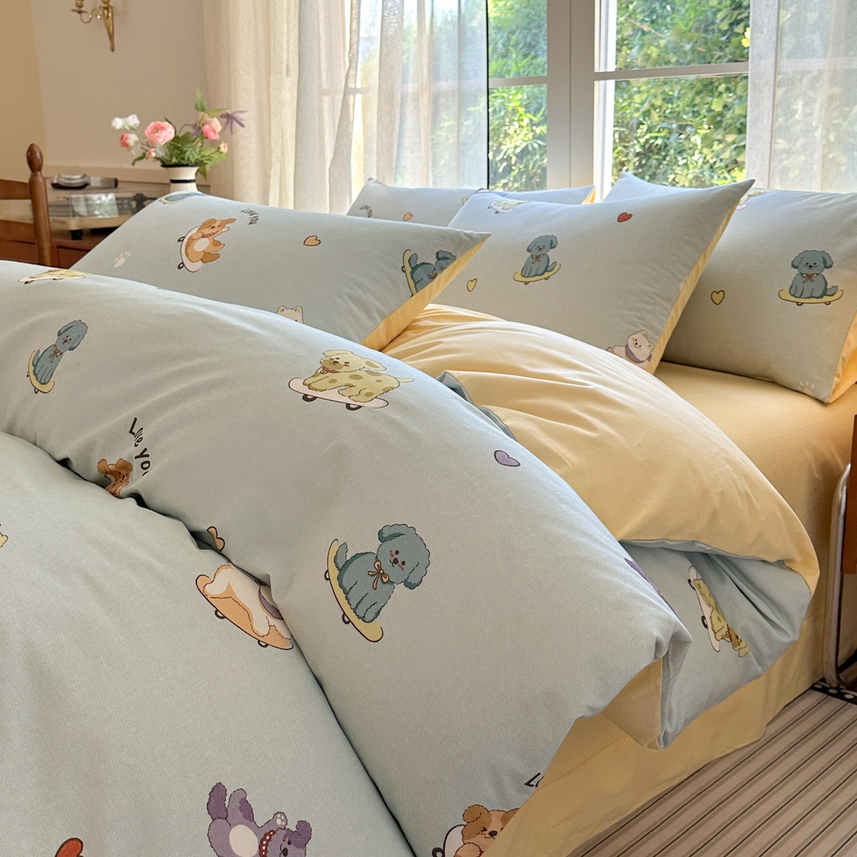 91家纺网 家纺一手货源 找家纺 优彩 2025新款数码印花全棉纯棉磨毛四件套 小狗当家