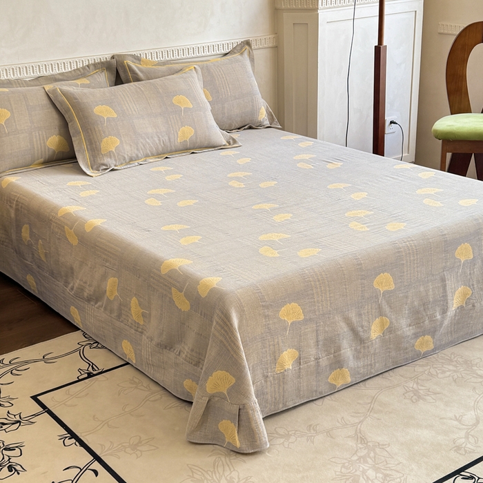 91家纺网 家纺一手货源 找家纺 江南春家纺【幻-暖纱】2025新款A类100%全棉色织提花双层纱四件套 【幻-暖纱】曲叶风-灰黄