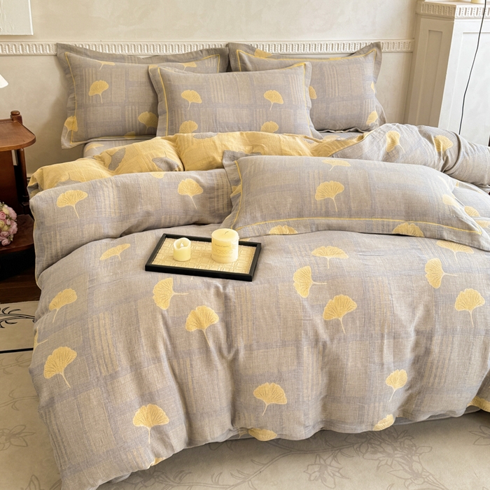 91家纺网 家纺一手货源 找家纺 江南春家纺【幻-暖纱】2025新款A类100%全棉色织提花双层纱四件套 【幻-暖纱】曲叶风-灰黄