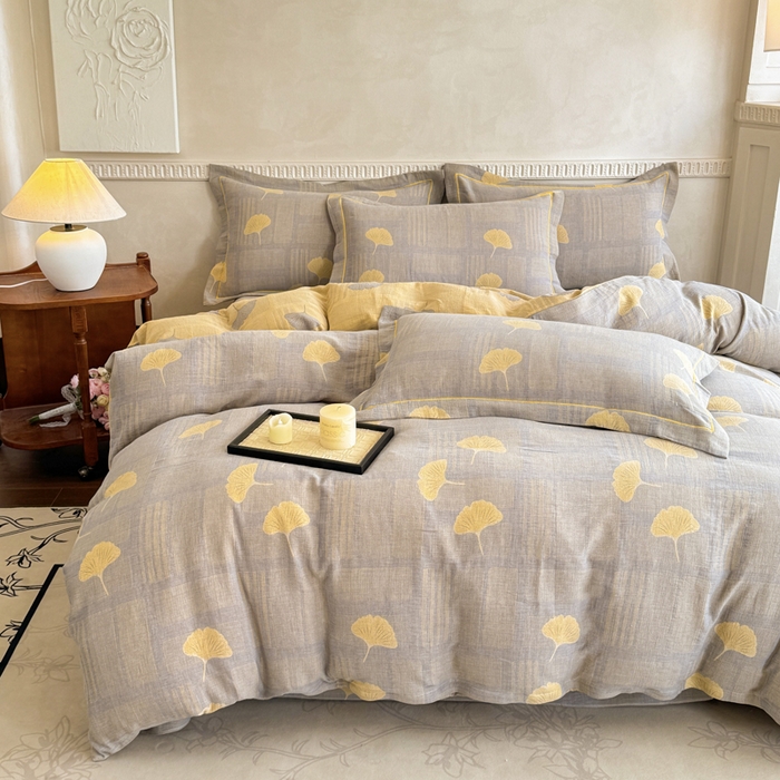 91家纺网 家纺一手货源 找家纺 江南春家纺【幻-暖纱】2025新款A类100%全棉色织提花双层纱四件套 【幻-暖纱】曲叶风-灰黄