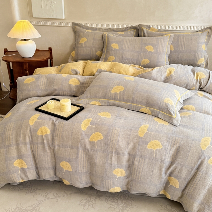 91家纺网 家纺一手货源 找家纺 江南春家纺【幻-暖纱】2025新款A类100%全棉色织提花双层纱四件套 【幻-暖纱】曲叶风-灰黄