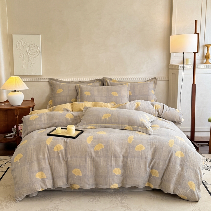 91家纺网 家纺一手货源 找家纺 江南春家纺【幻-暖纱】2025新款A类100%全棉色织提花双层纱四件套 【幻-暖纱】曲叶风-灰黄