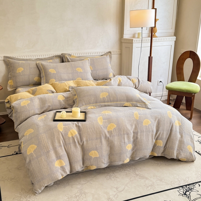 91家纺网 家纺一手货源 找家纺 江南春家纺【幻-暖纱】2025新款A类100%全棉色织提花双层纱四件套 【幻-暖纱】曲叶风-灰黄