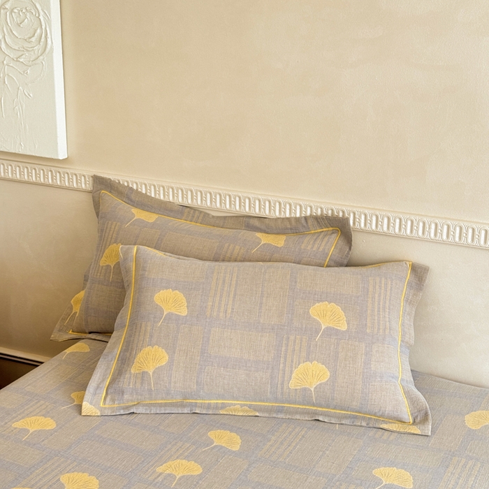 91家纺网 家纺一手货源 找家纺 江南春家纺【幻-暖纱】2025新款A类100%全棉色织提花双层纱四件套 【幻-暖纱】曲叶风-灰黄