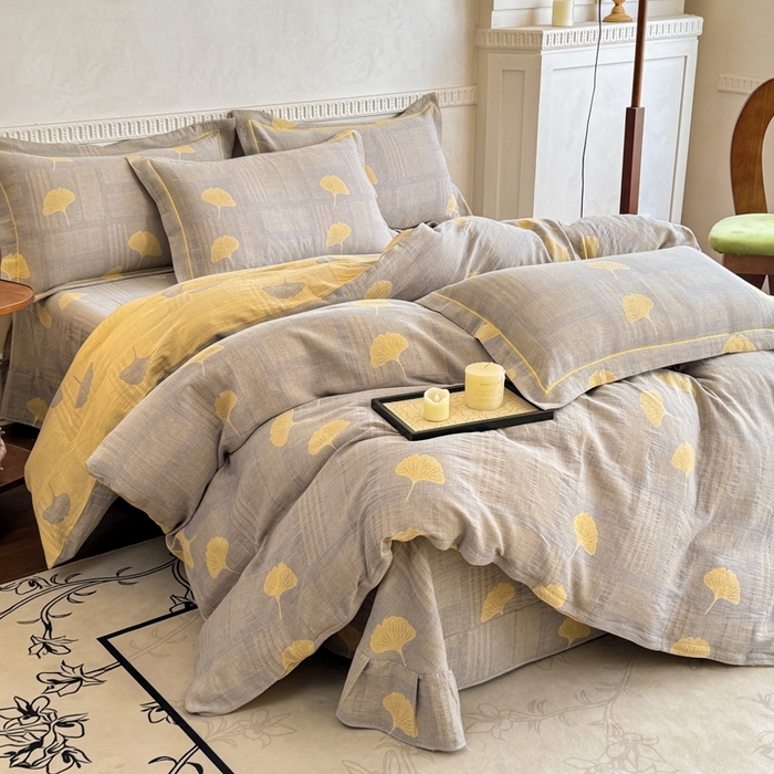 91家纺网 家纺一手货源 找家纺 江南春家纺【幻-暖纱】2025新款A类100%全棉色织提花双层纱四件套 【幻-暖纱】曲叶风-灰黄