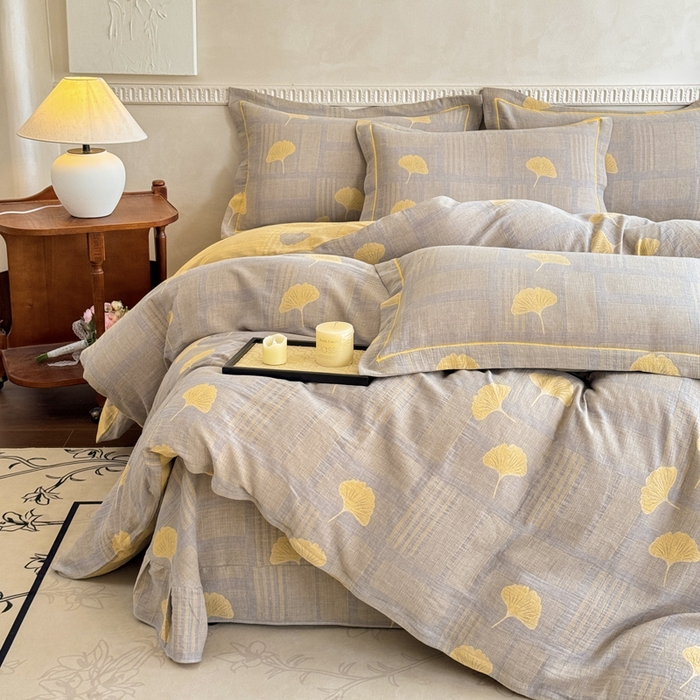 91家纺网 家纺一手货源 找家纺 江南春家纺【幻-暖纱】2025新款A类100%全棉色织提花双层纱四件套 【幻-暖纱】曲叶风-灰黄