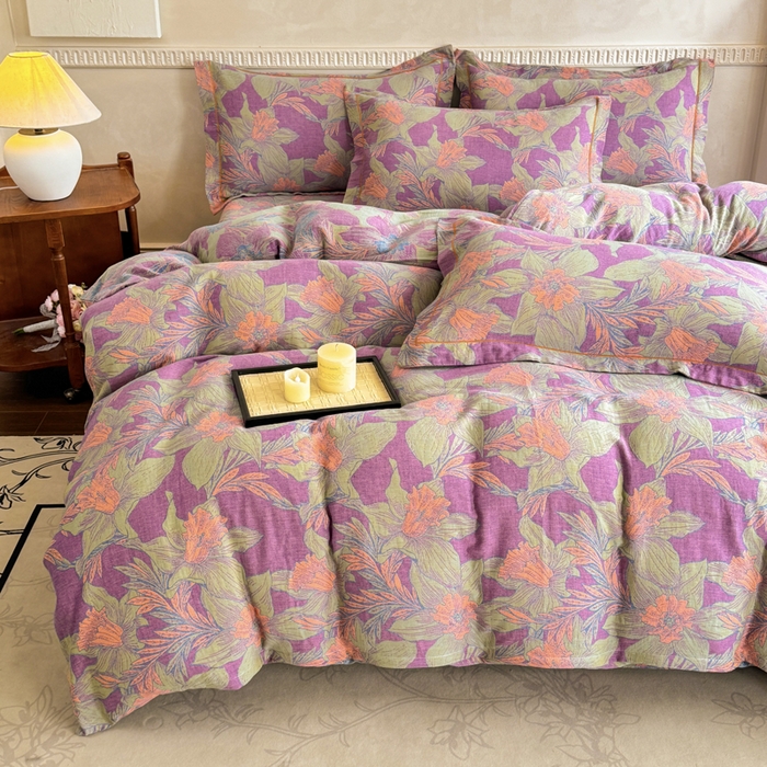 91家纺网 家纺一手货源 找家纺 江南春家纺【幻-暖纱】2025新款A类100%全棉色织提花双层纱四件套 【幻-暖纱】夕颜