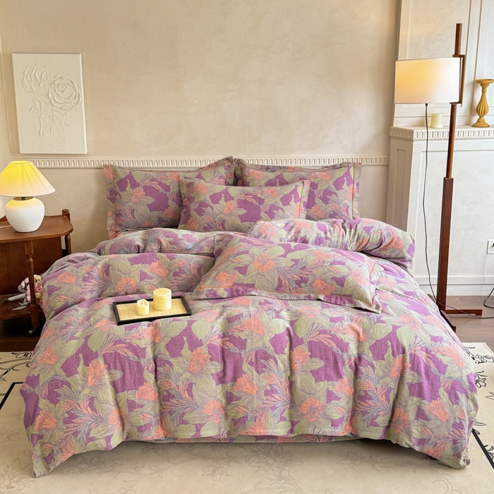 91家纺网 家纺一手货源 找家纺 江南春家纺【幻-暖纱】2025新款A类100%全棉色织提花双层纱四件套 【幻-暖纱】夕颜