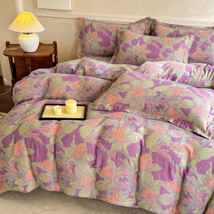 91家纺网 家纺一手货源 找家纺 江南春家纺【幻-暖纱】2025新款A类100%全棉色织提花双层纱四件套 【幻-暖纱】夕颜