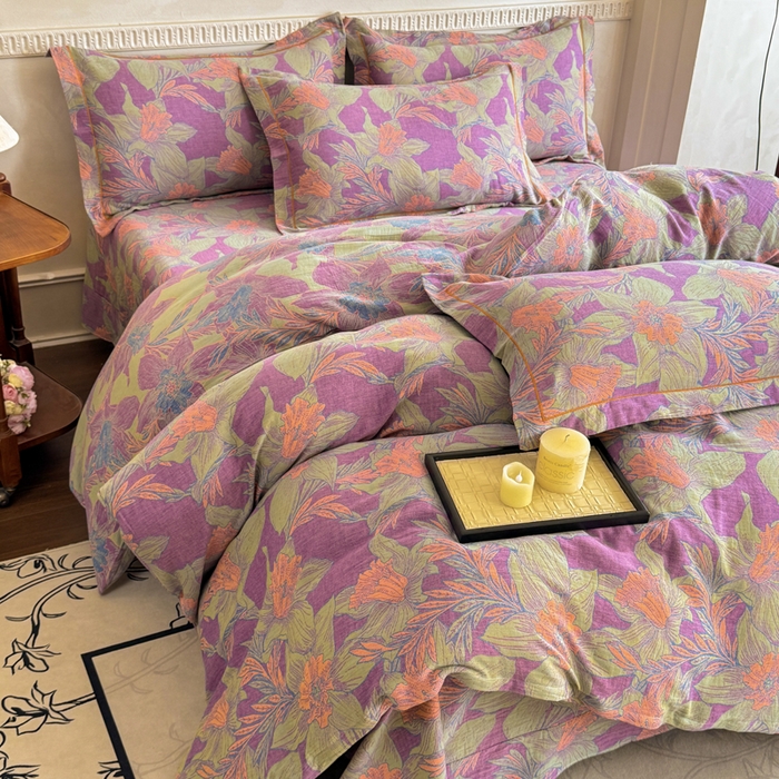 91家纺网 家纺一手货源 找家纺 江南春家纺【幻-暖纱】2025新款A类100%全棉色织提花双层纱四件套 【幻-暖纱】夕颜