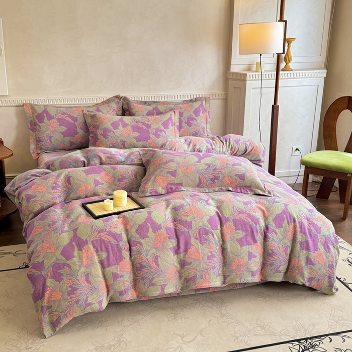 91家纺网 家纺一手货源 找家纺 江南春家纺【幻-暖纱】2025新款A类100%全棉色织提花双层纱四件套 【幻-暖纱】夕颜