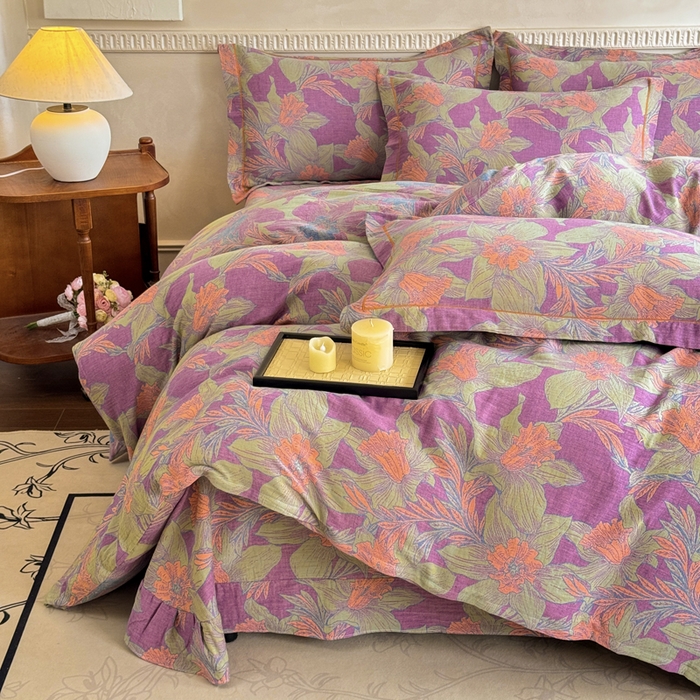 91家纺网 家纺一手货源 找家纺 江南春家纺【幻-暖纱】2025新款A类100%全棉色织提花双层纱四件套 【幻-暖纱】夕颜