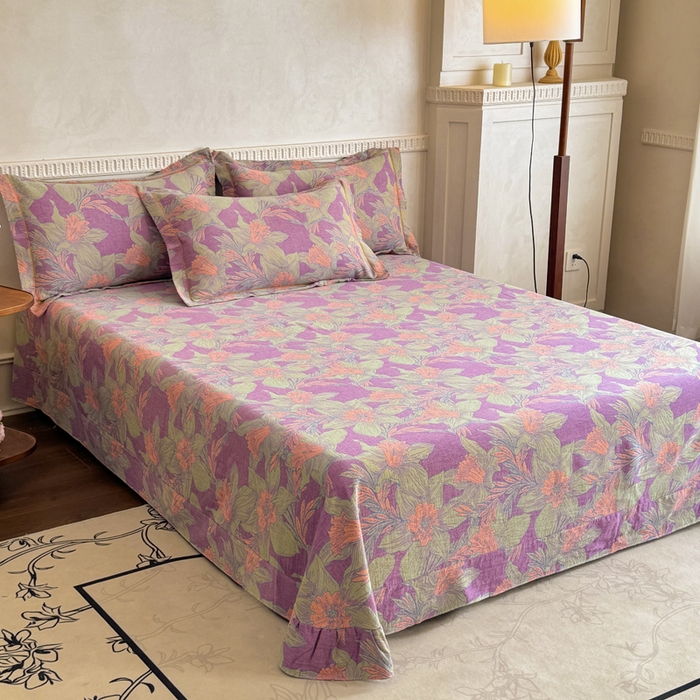 91家纺网 家纺一手货源 找家纺 江南春家纺【幻-暖纱】2025新款A类100%全棉色织提花双层纱四件套 【幻-暖纱】夕颜