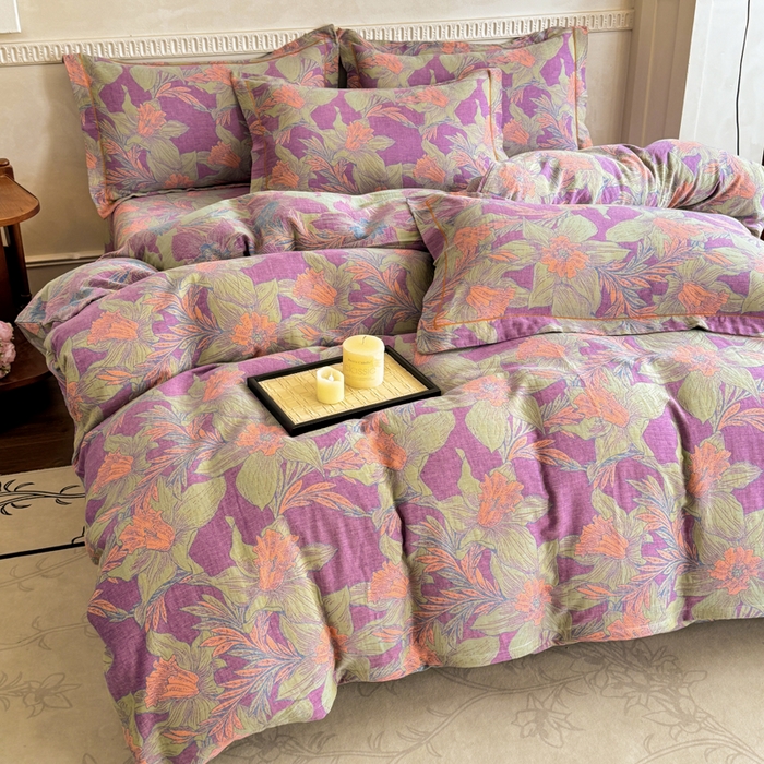 91家纺网 家纺一手货源 找家纺 江南春家纺【幻-暖纱】2025新款A类100%全棉色织提花双层纱四件套 【幻-暖纱】夕颜