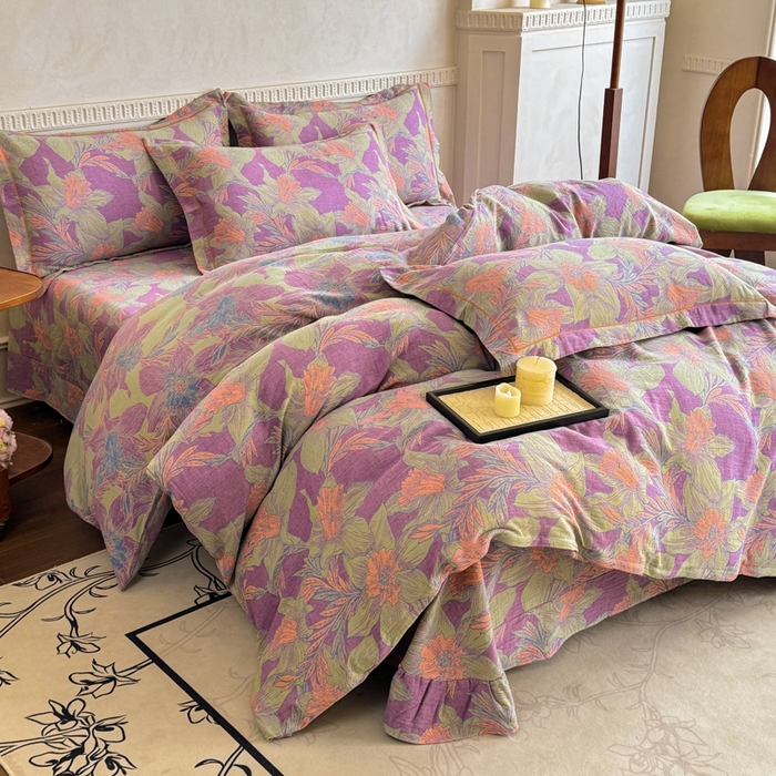 91家纺网 家纺一手货源 找家纺 江南春家纺【幻-暖纱】2025新款A类100%全棉色织提花双层纱四件套 【幻-暖纱】夕颜