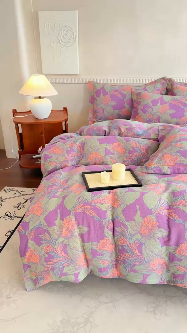 91家纺网 家纺一手货源 找家纺 江南春家纺【幻-暖纱】2025新款A类100%全棉色织提花双层纱四件套 【幻-暖纱】夕颜