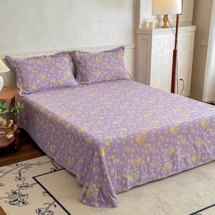 91家纺网 家纺一手货源 找家纺 江南春家纺【幻-暖纱】2025新款A类100%全棉色织提花双层纱四件套 【幻-暖纱】小雏菊-紫黄