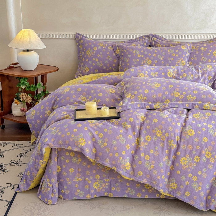 91家纺网 家纺一手货源 找家纺 江南春家纺【幻-暖纱】2025新款A类100%全棉色织提花双层纱四件套 【幻-暖纱】小雏菊-紫黄