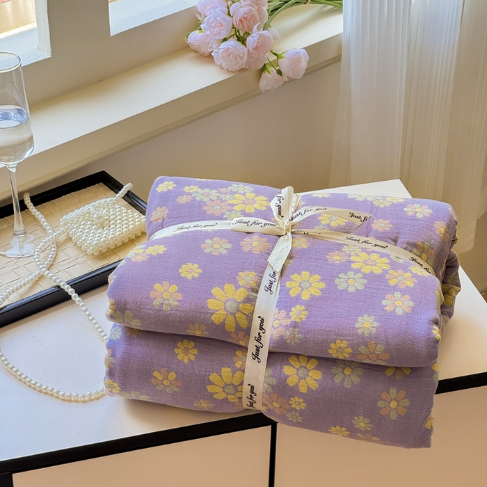 江南春家纺 【幻-暖纱】2025新款A类100%全棉色织提花双层纱四件套 【幻-暖纱】小雏菊-紫黄