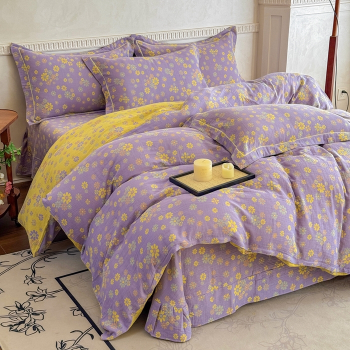 91家纺网 家纺一手货源 找家纺 江南春家纺【幻-暖纱】2025新款A类100%全棉色织提花双层纱四件套 【幻-暖纱】小雏菊-紫黄