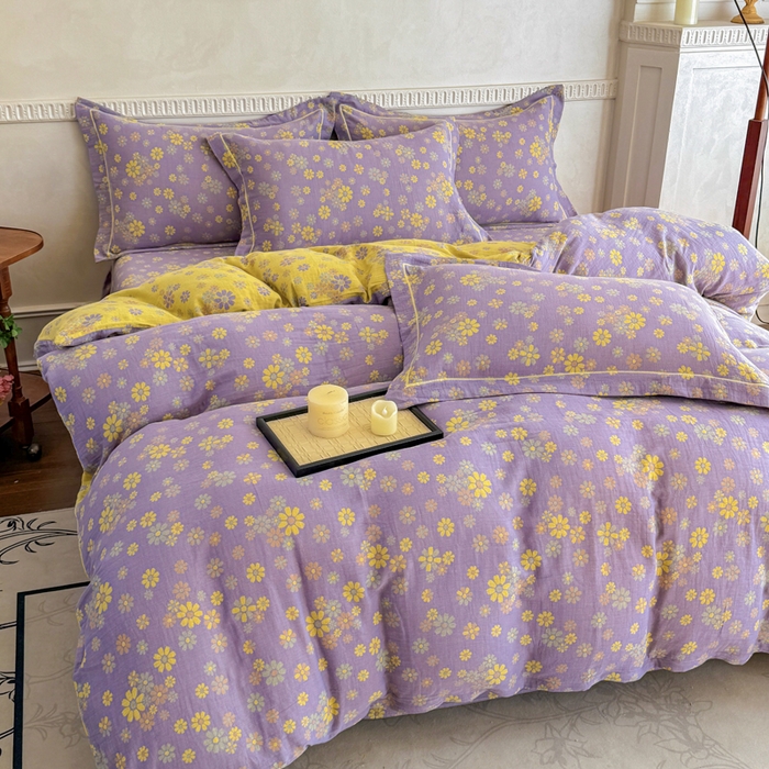 91家纺网 家纺一手货源 找家纺 江南春家纺【幻-暖纱】2025新款A类100%全棉色织提花双层纱四件套 【幻-暖纱】小雏菊-紫黄