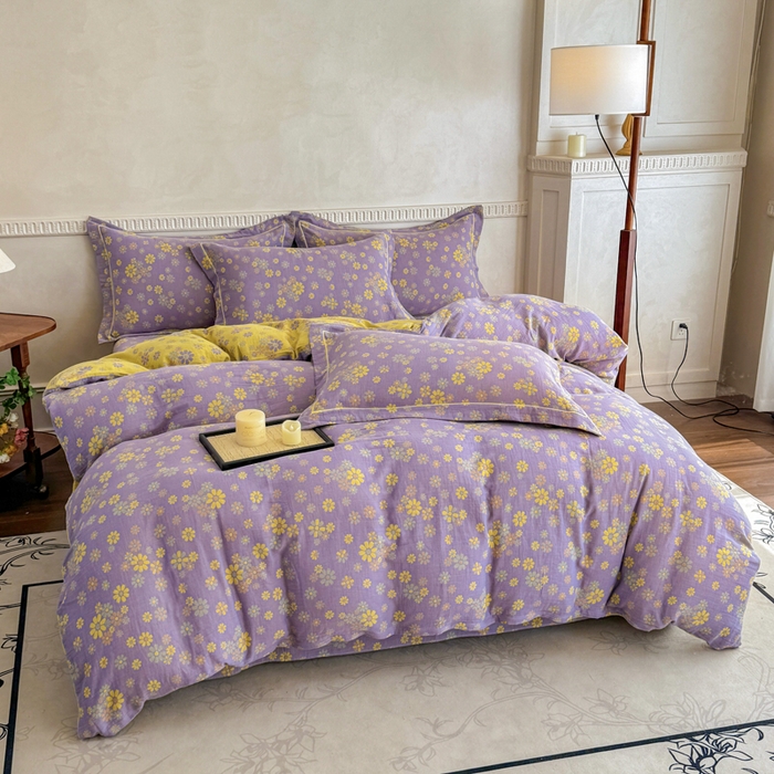 91家纺网 家纺一手货源 找家纺 江南春家纺【幻-暖纱】2025新款A类100%全棉色织提花双层纱四件套 【幻-暖纱】小雏菊-紫黄