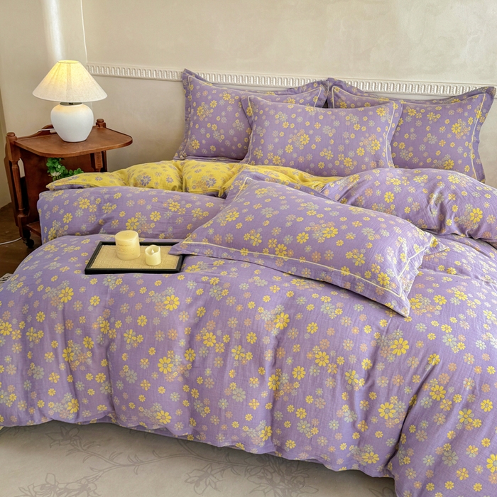 91家纺网 家纺一手货源 找家纺 江南春家纺【幻-暖纱】2025新款A类100%全棉色织提花双层纱四件套 【幻-暖纱】小雏菊-紫黄