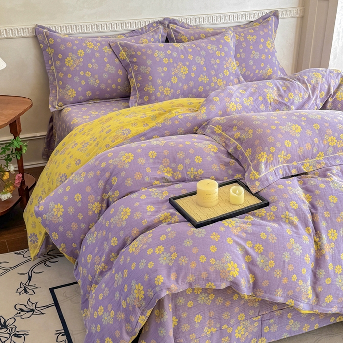 91家纺网 家纺一手货源 找家纺 江南春家纺【幻-暖纱】2025新款A类100%全棉色织提花双层纱四件套 【幻-暖纱】小雏菊-紫黄