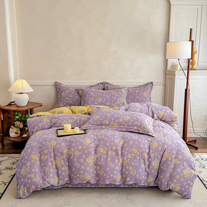 91家纺网 家纺一手货源 找家纺 江南春家纺【幻-暖纱】2025新款A类100%全棉色织提花双层纱四件套 【幻-暖纱】小雏菊-紫黄