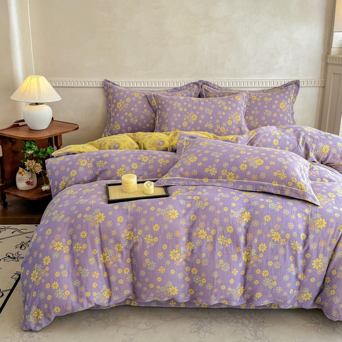 91家纺网 家纺一手货源 找家纺 江南春家纺【幻-暖纱】2025新款A类100%全棉色织提花双层纱四件套 【幻-暖纱】小雏菊-紫黄