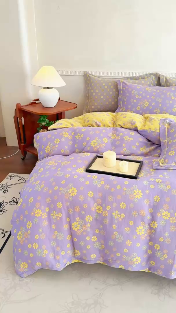 91家纺网 家纺一手货源 找家纺 江南春家纺【幻-暖纱】2025新款A类100%全棉色织提花双层纱四件套 【幻-暖纱】小雏菊-紫黄
