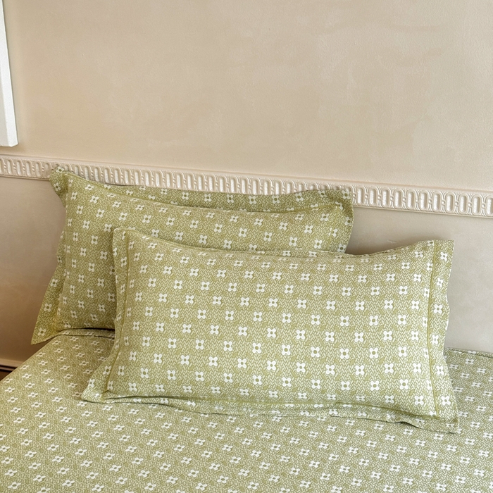 91家纺网 家纺一手货源 找家纺 江南春家纺【幻-暖纱】2025新款A类100%全棉色织提花双层纱四件套 【幻-暖纱】幸运草-浅绿