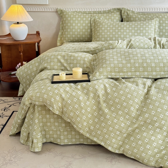 91家纺网 家纺一手货源 找家纺 江南春家纺【幻-暖纱】2025新款A类100%全棉色织提花双层纱四件套 【幻-暖纱】幸运草-浅绿