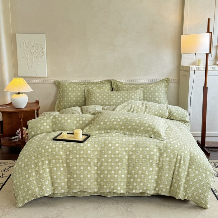 91家纺网 家纺一手货源 找家纺 江南春家纺【幻-暖纱】2025新款A类100%全棉色织提花双层纱四件套 【幻-暖纱】幸运草-浅绿