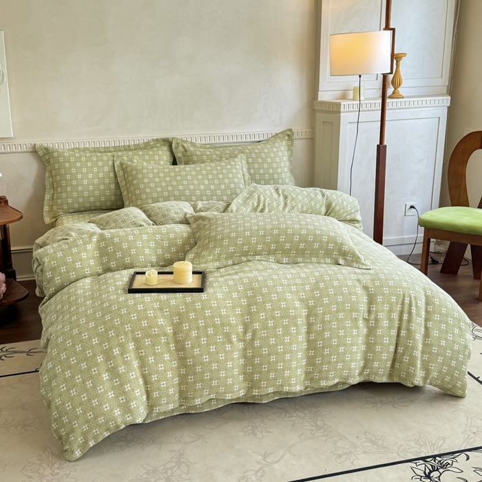 91家纺网 家纺一手货源 找家纺 江南春家纺【幻-暖纱】2025新款A类100%全棉色织提花双层纱四件套 【幻-暖纱】幸运草-浅绿