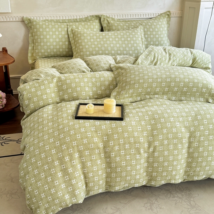 91家纺网 家纺一手货源 找家纺 江南春家纺【幻-暖纱】2025新款A类100%全棉色织提花双层纱四件套 【幻-暖纱】幸运草-浅绿