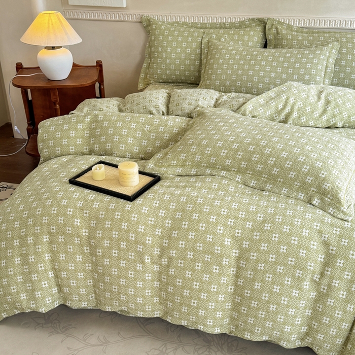 91家纺网 家纺一手货源 找家纺 江南春家纺【幻-暖纱】2025新款A类100%全棉色织提花双层纱四件套 【幻-暖纱】幸运草-浅绿