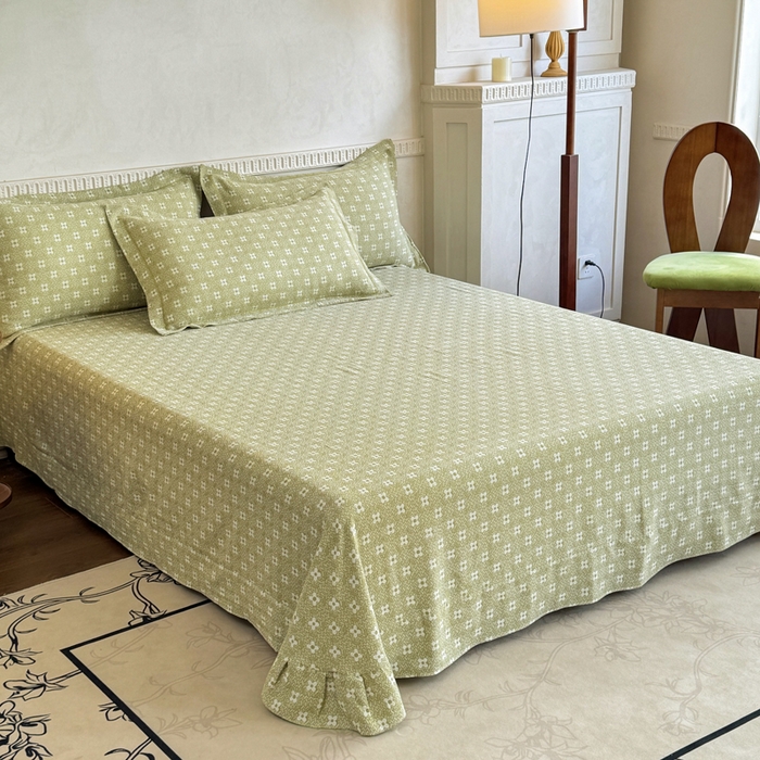 91家纺网 家纺一手货源 找家纺 江南春家纺【幻-暖纱】2025新款A类100%全棉色织提花双层纱四件套 【幻-暖纱】幸运草-浅绿