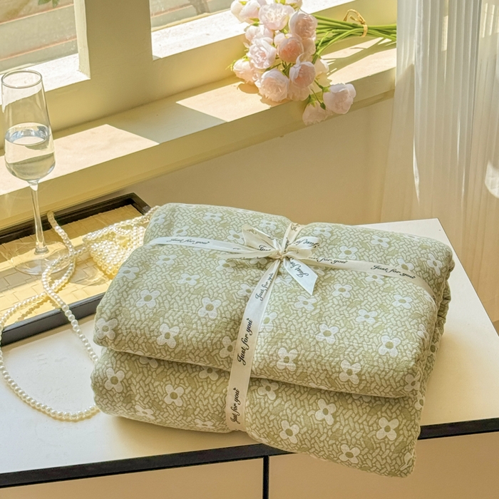 江南春家纺 【幻-暖纱】2025新款A类100%全棉色织提花双层纱四件套 【幻-暖纱】幸运草-浅绿