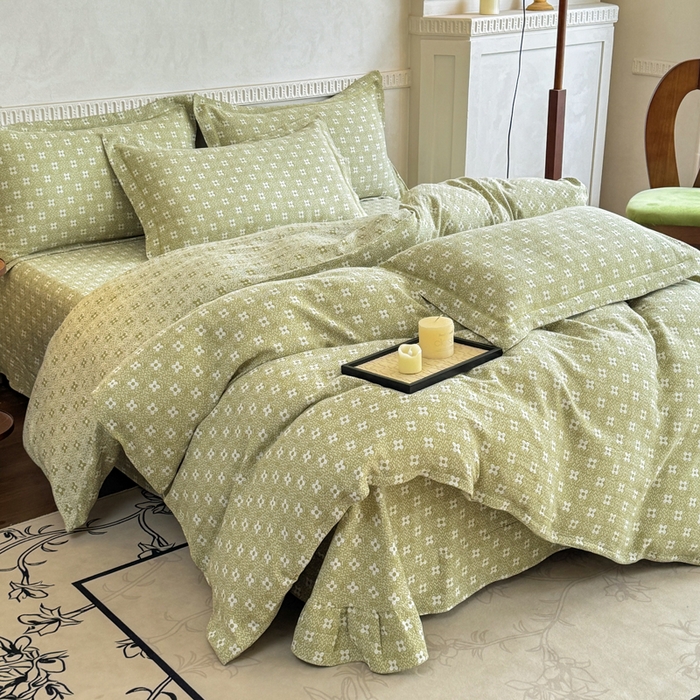 91家纺网 家纺一手货源 找家纺 江南春家纺【幻-暖纱】2025新款A类100%全棉色织提花双层纱四件套 【幻-暖纱】幸运草-浅绿