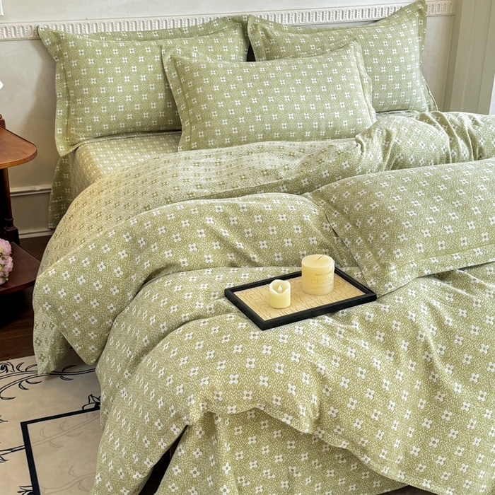 91家纺网 家纺一手货源 找家纺 江南春家纺【幻-暖纱】2025新款A类100%全棉色织提花双层纱四件套 【幻-暖纱】幸运草-浅绿