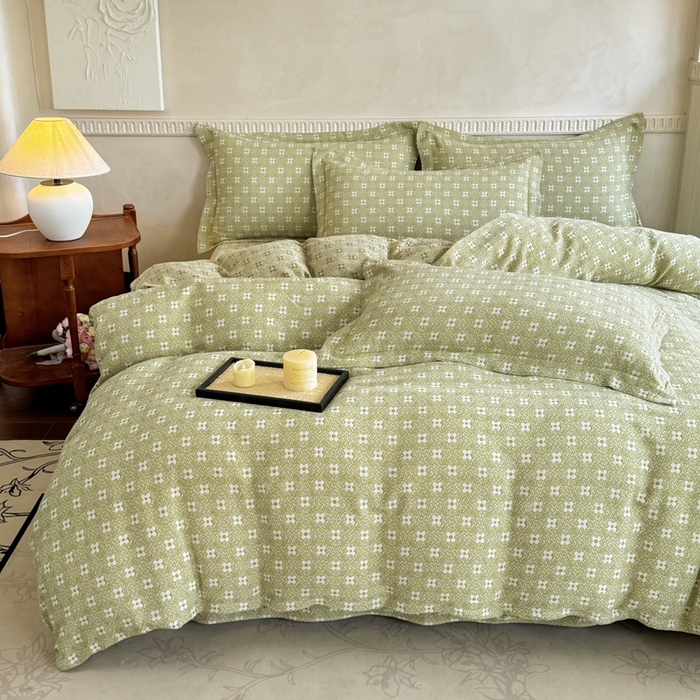 91家纺网 家纺一手货源 找家纺 江南春家纺【幻-暖纱】2025新款A类100%全棉色织提花双层纱四件套 【幻-暖纱】幸运草-浅绿