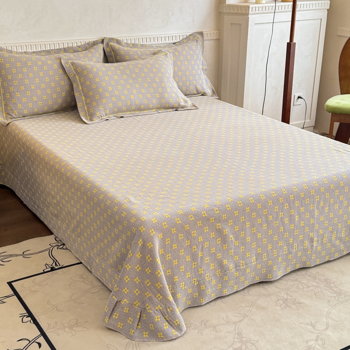 91家纺网 家纺一手货源 找家纺 江南春家纺【幻-暖纱】2025新款A类100%全棉色织提花双层纱四件套 【幻-暖纱】幸运草-紫黄