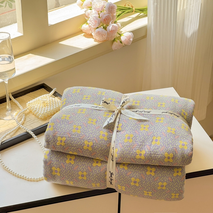 江南春家纺 【幻-暖纱】2025新款A类100%全棉色织提花双层纱四件套 【幻-暖纱】幸运草-紫黄