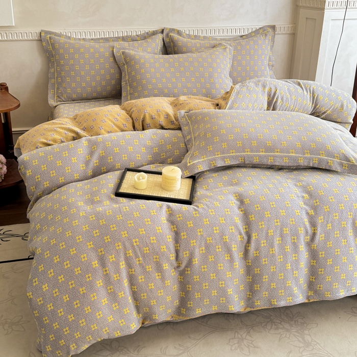 91家纺网 家纺一手货源 找家纺 江南春家纺【幻-暖纱】2025新款A类100%全棉色织提花双层纱四件套 【幻-暖纱】幸运草-紫黄