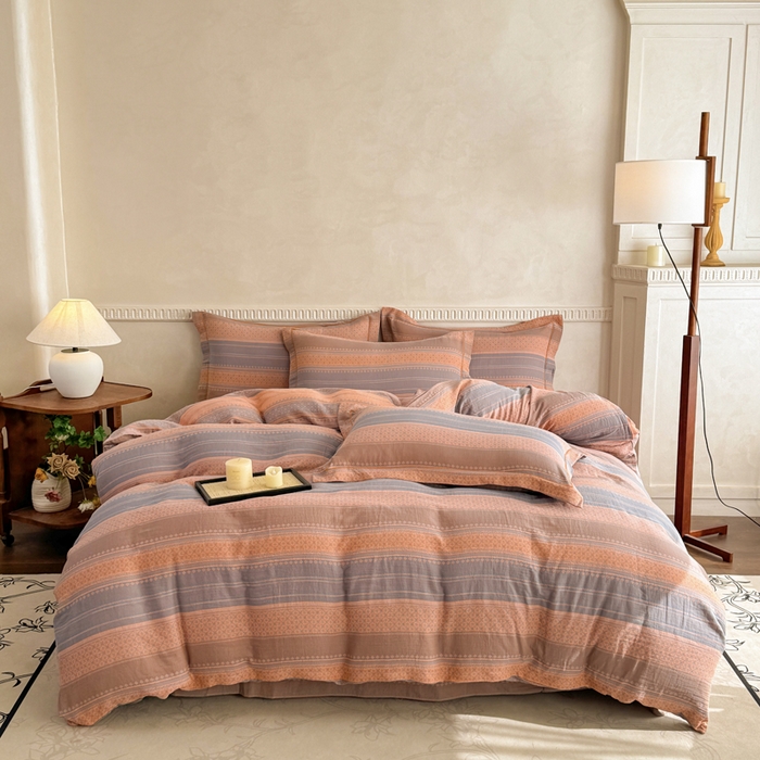 91家纺网 家纺一手货源 找家纺 江南春家纺【幻-暖纱】2025新款A类100%全棉色织提花双层纱四件套 【幻-暖纱】云野-桔灰