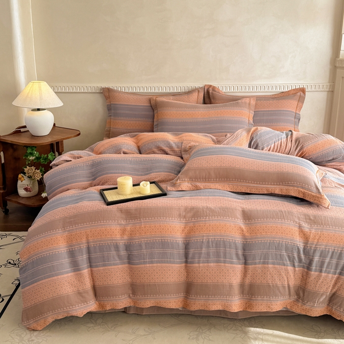 91家纺网 家纺一手货源 找家纺 江南春家纺【幻-暖纱】2025新款A类100%全棉色织提花双层纱四件套 【幻-暖纱】云野-桔灰