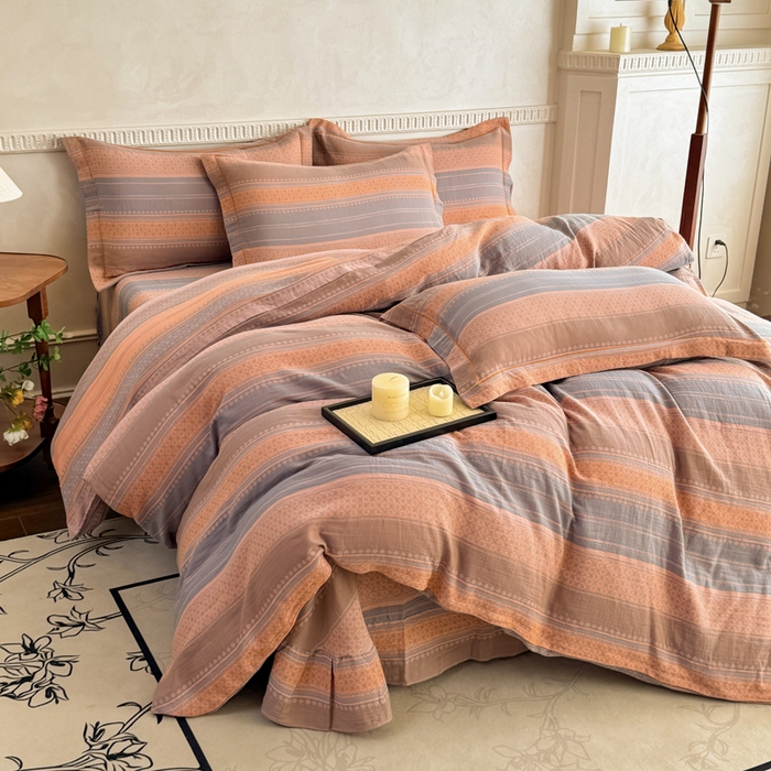 91家纺网 家纺一手货源 找家纺 江南春家纺【幻-暖纱】2025新款A类100%全棉色织提花双层纱四件套 【幻-暖纱】云野-桔灰