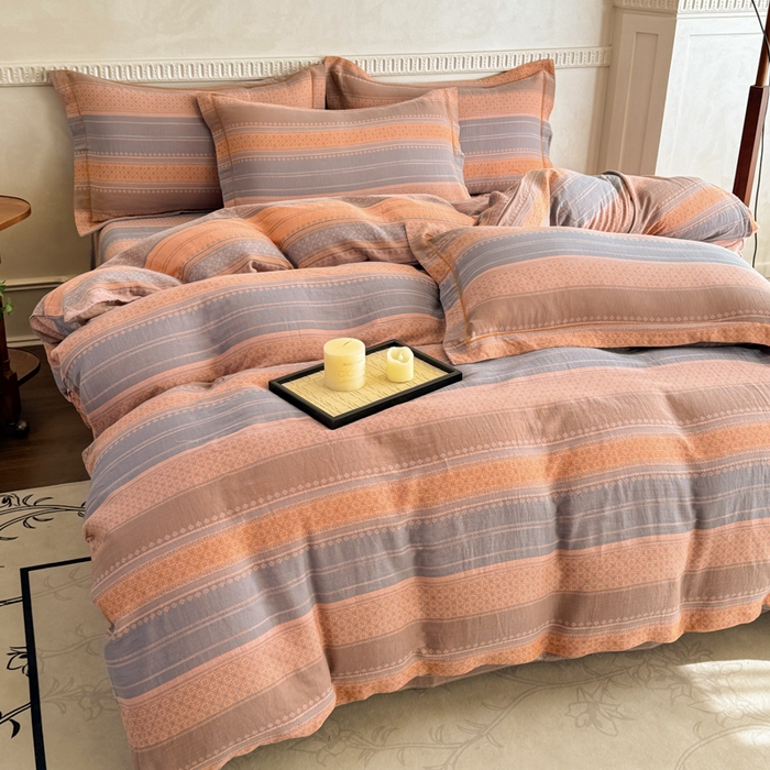 91家纺网 家纺一手货源 找家纺 江南春家纺【幻-暖纱】2025新款A类100%全棉色织提花双层纱四件套 【幻-暖纱】云野-桔灰